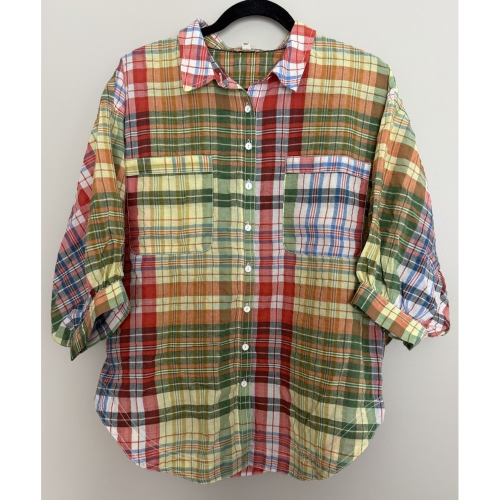 ANTHROPOLOGIE Pilcro Half-Sleeve Batwing Blouse Plaid Women's Size Medium